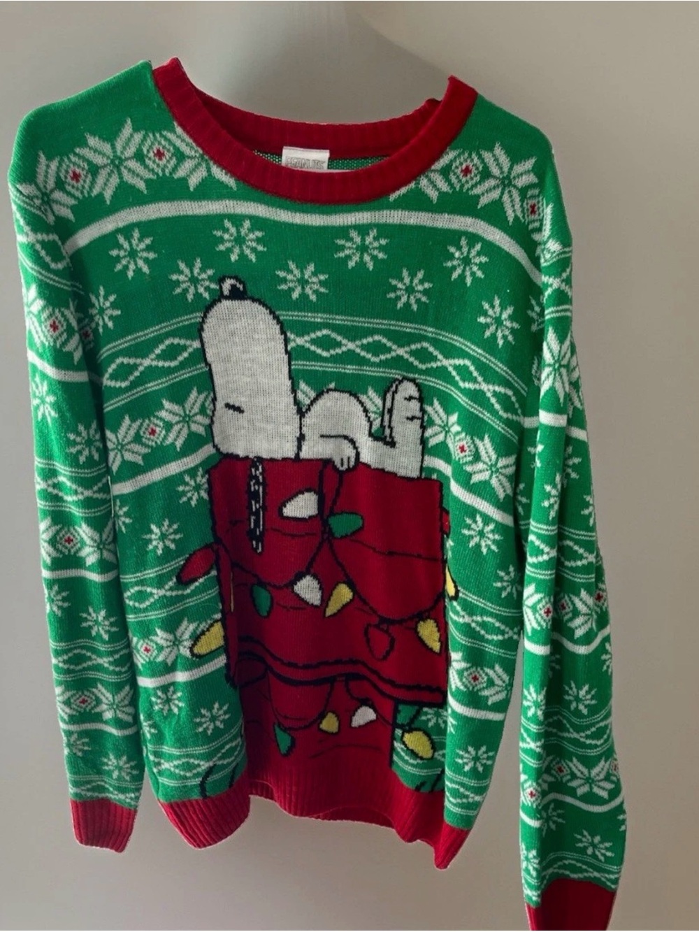 Peanuts Snoopy Ugly Christmas Sweater Green Fair Isle Doghouse Lights Pullover
